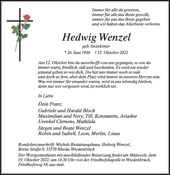 Traueranzeige von Hedwig Wenzel von Die Glocke