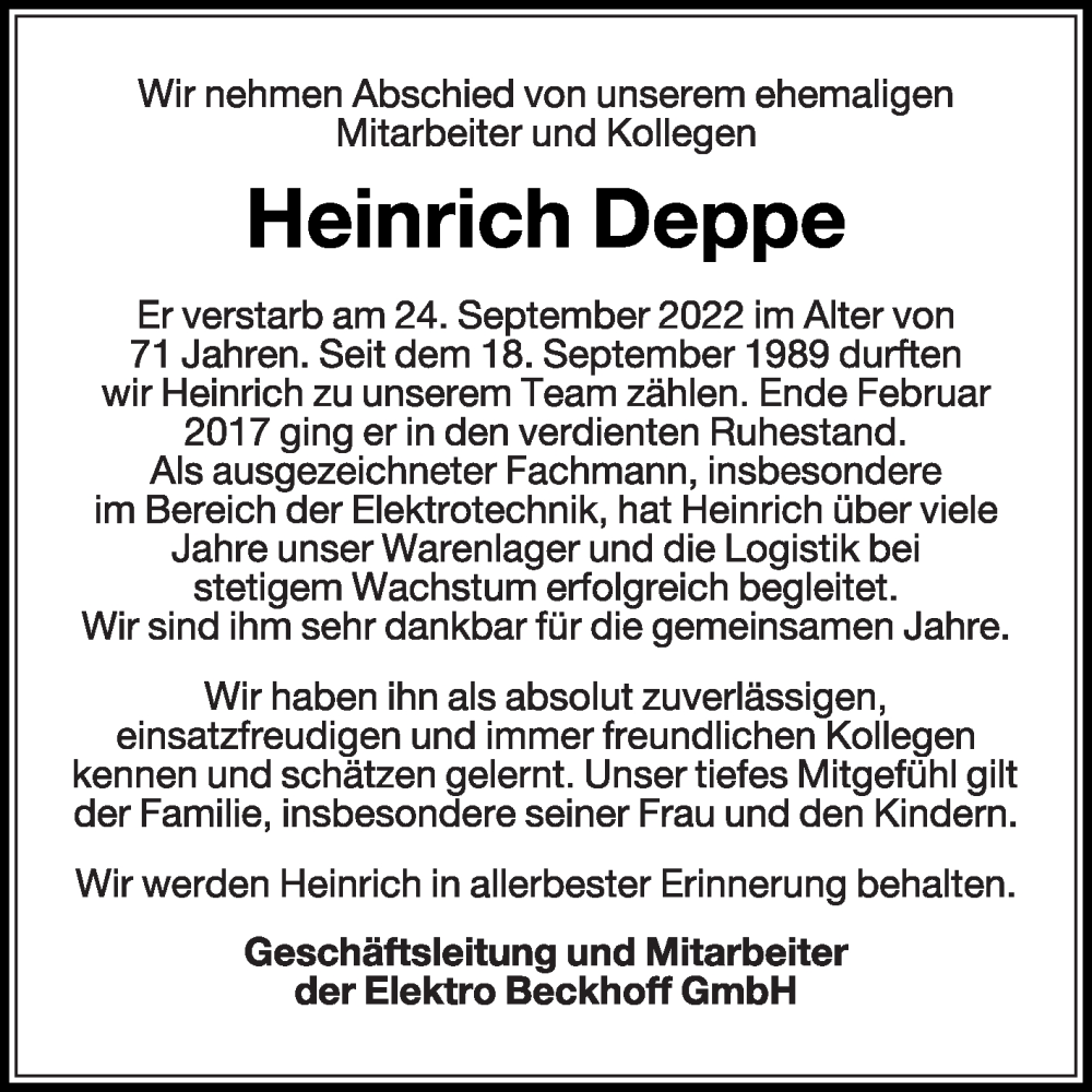  Traueranzeige für Heinrich Deppe vom 12.10.2022 aus Die Glocke