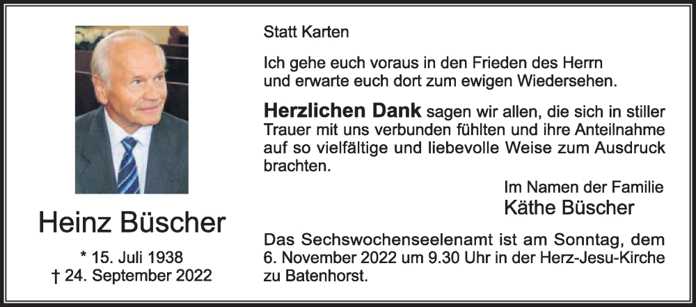  Traueranzeige für Heinz Büscher vom 29.10.2022 aus Die Glocke