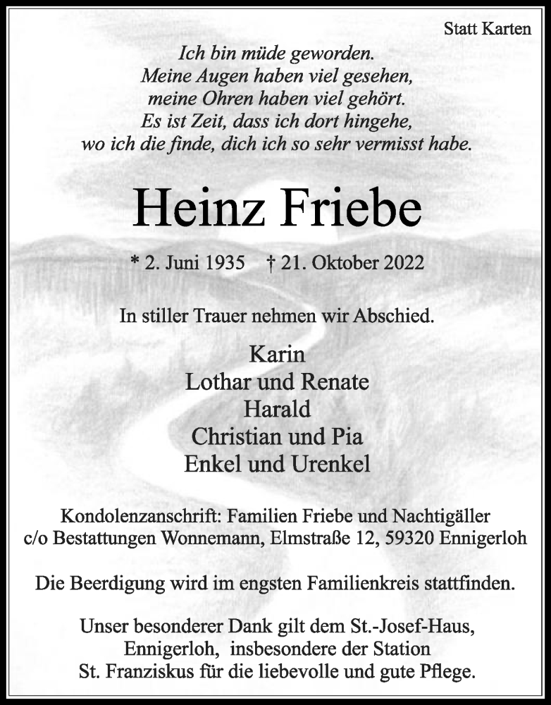  Traueranzeige für Heinz Friebe vom 29.10.2022 aus Die Glocke