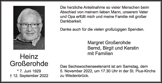 Traueranzeige von Heinz Großerohde von Die Glocke
