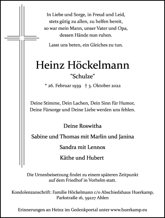 Traueranzeige von Heinz Höckelmann von Die Glocke