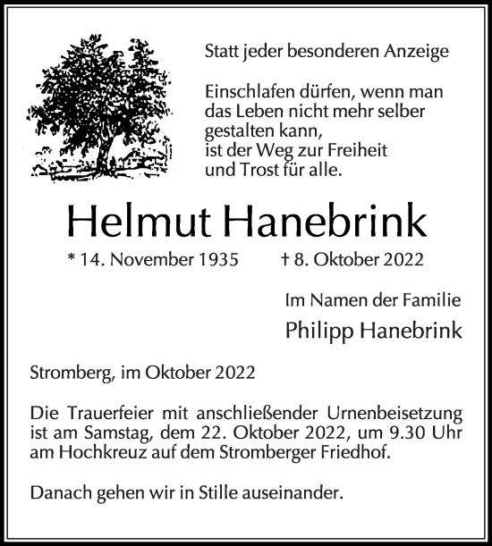 Traueranzeige von Helmut Hanebrink von Die Glocke