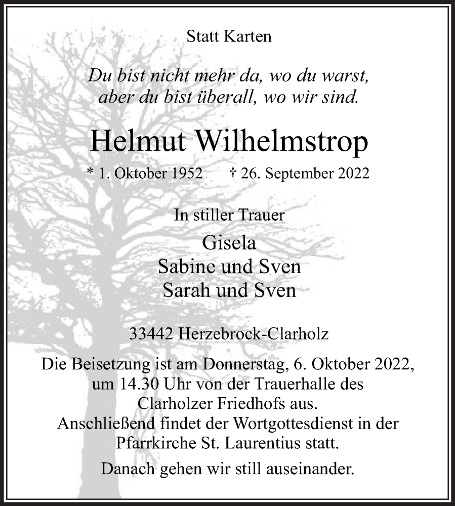  Traueranzeige für Helmut Wilhelmstrop vom 01.10.2022 aus Die Glocke