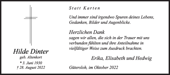 Traueranzeige von Hilde Dinter von Die Glocke