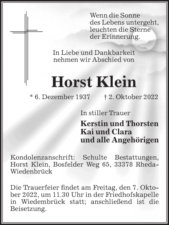 Traueranzeige von Horst Klein von Die Glocke