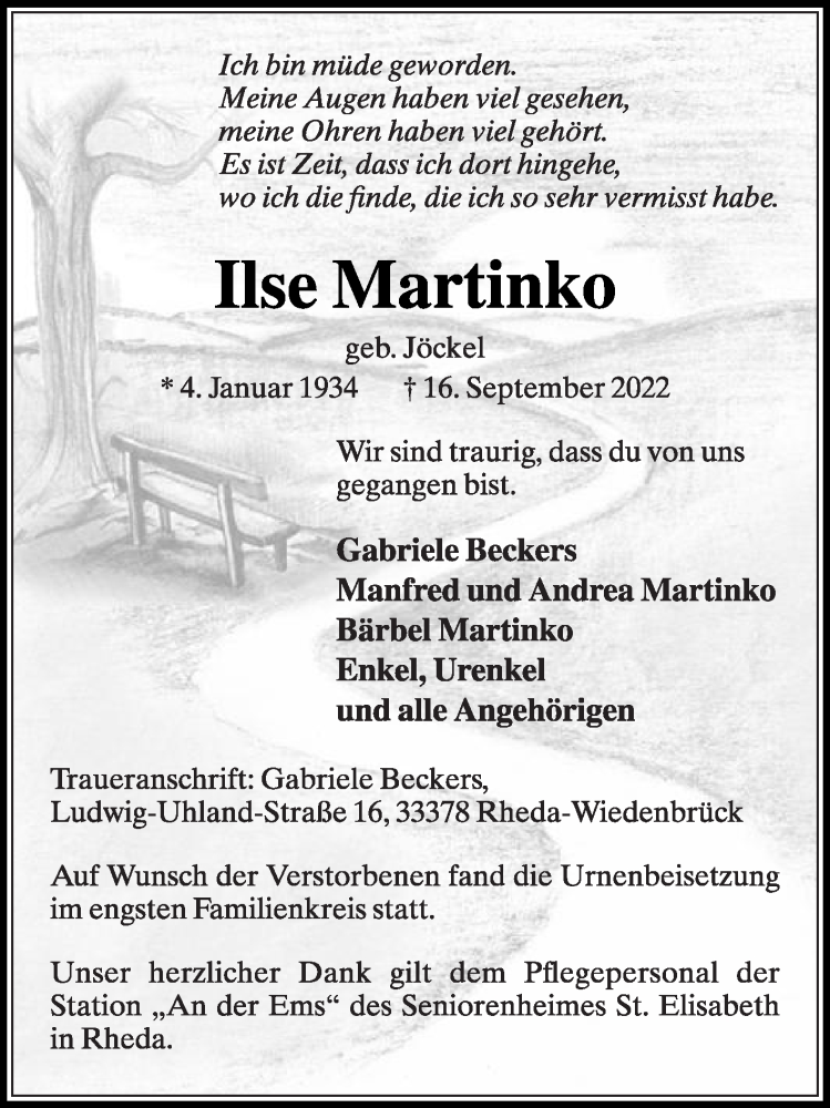  Traueranzeige für Ilse Martinko vom 22.10.2022 aus Die Glocke
