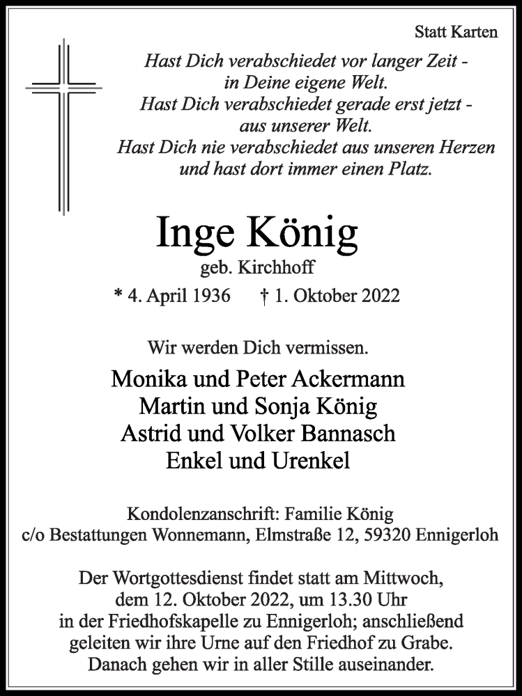  Traueranzeige für Inge König vom 08.10.2022 aus Die Glocke