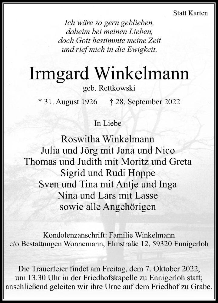  Traueranzeige für Irmgard Winkelmann vom 01.10.2022 aus Die Glocke