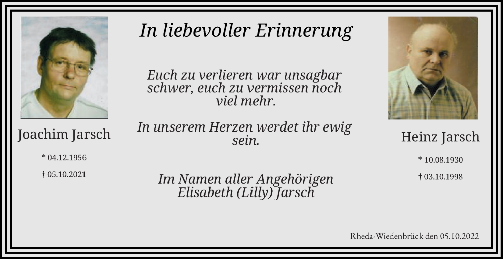  Traueranzeige für Joachim Jarsch vom 05.10.2022 aus Die Glocke
