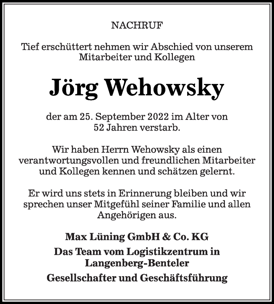 Traueranzeige für Jörg Wehowsky vom 08.10.2022 aus Die Glocke
