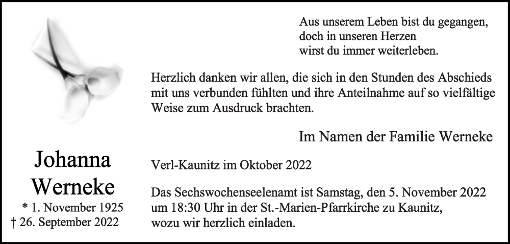  Traueranzeige für Johanna Werneke vom 29.10.2022 aus Die Glocke