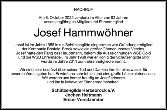 Traueranzeige von Josef Hammwöhner von Die Glocke