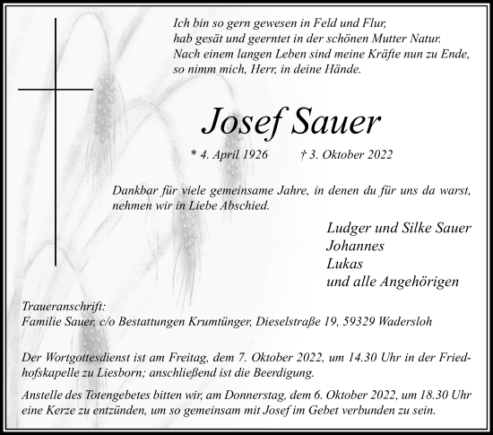 Traueranzeige von Josef Sauer von Die Glocke