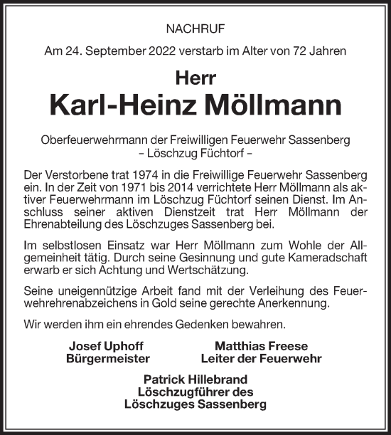 Traueranzeige von Karl-Heinz Möllmann von Die Glocke