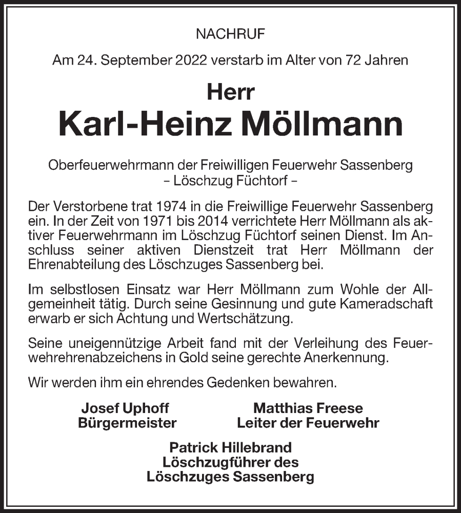  Traueranzeige für Karl-Heinz Möllmann vom 01.10.2022 aus Die Glocke