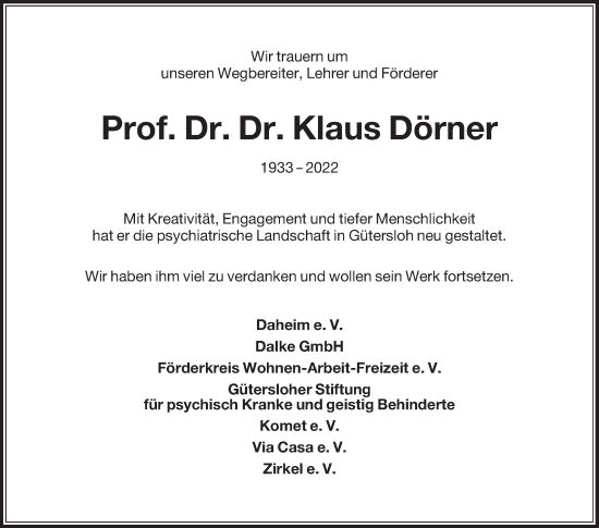 Traueranzeige von Klaus Dörner von Die Glocke