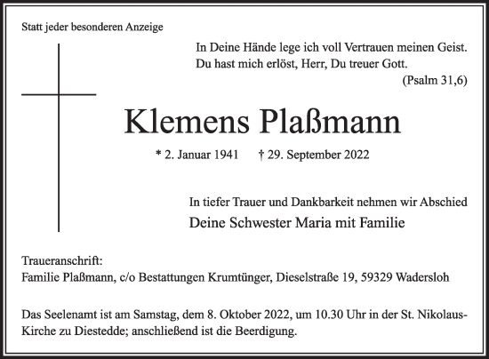 Traueranzeige von Klemens Plaßmann von Die Glocke