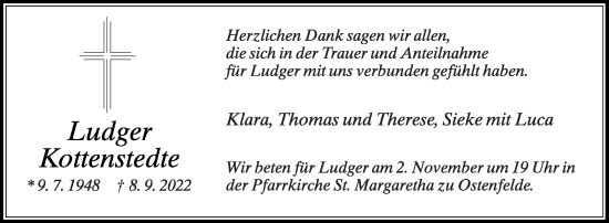 Traueranzeige von Ludger Kottenstedte von Die Glocke