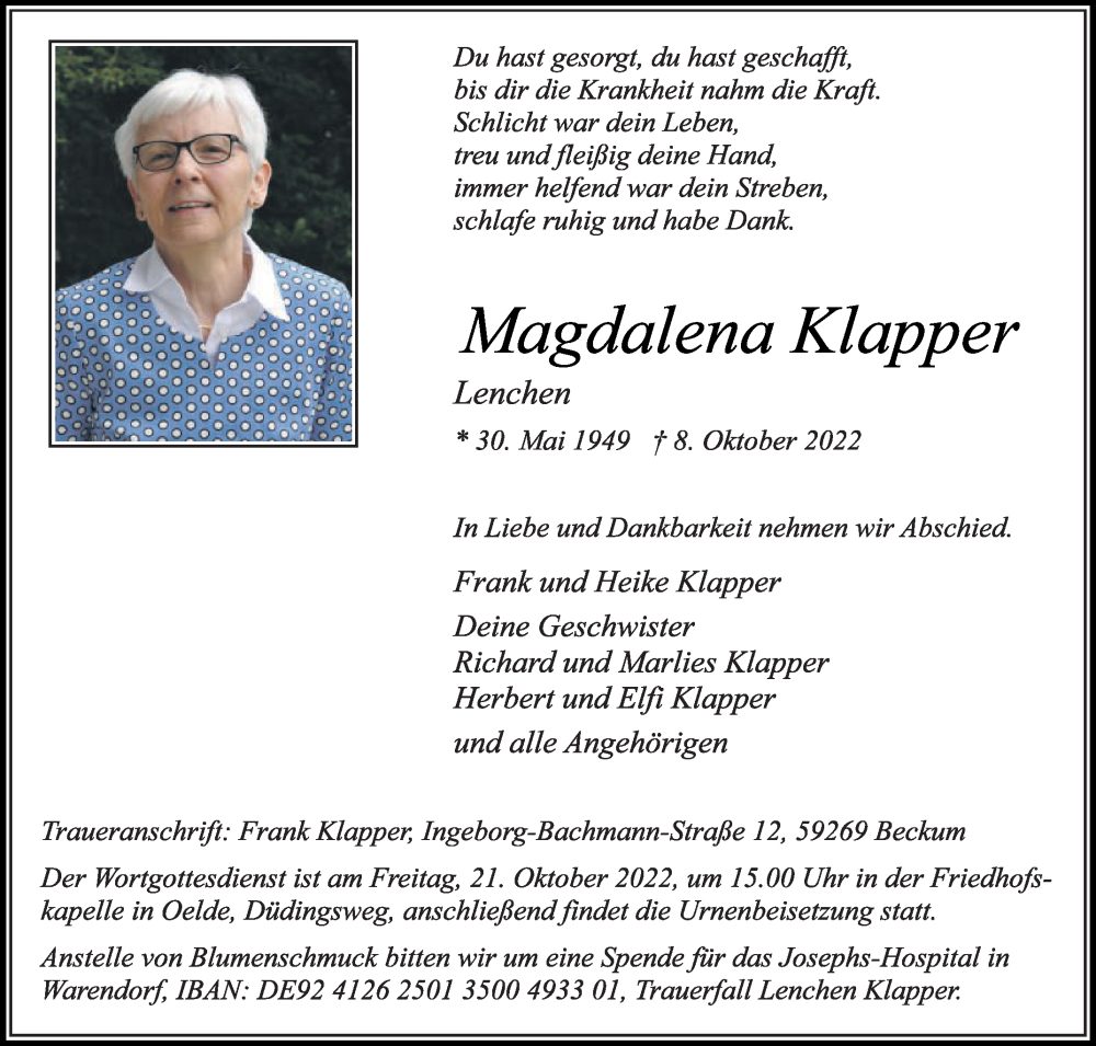  Traueranzeige für Magdalena Klapper vom 15.10.2022 aus Die Glocke