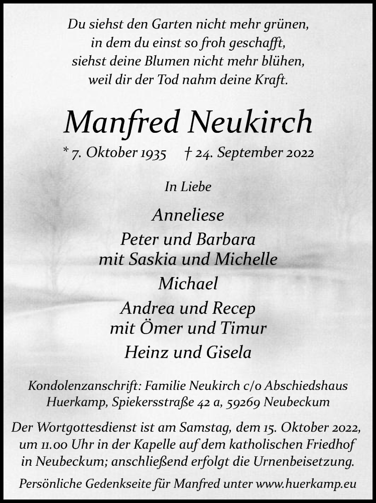  Traueranzeige für Manfred Neukirch vom 01.10.2022 aus Die Glocke