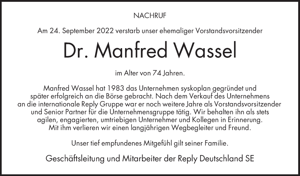  Traueranzeige für Manfred Wassel vom 01.10.2022 aus Die Glocke