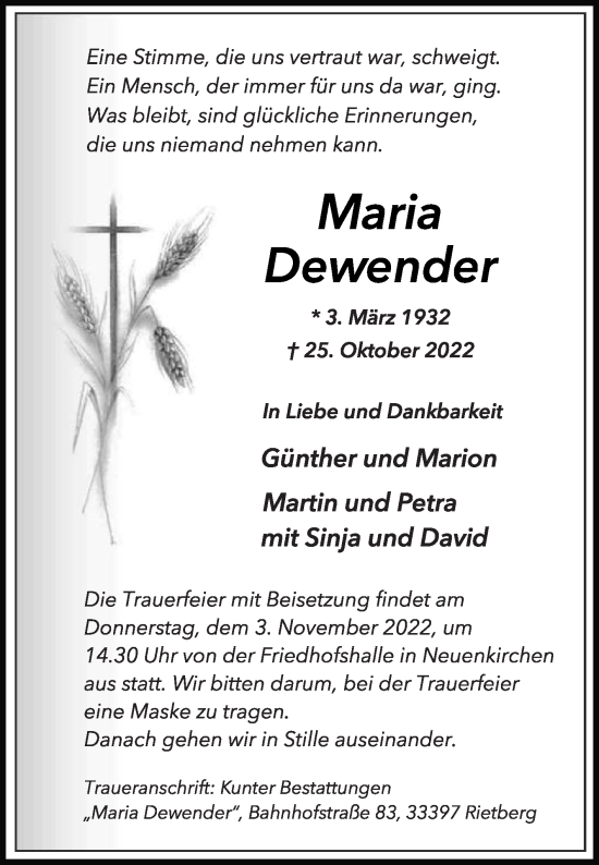 Traueranzeige von Maria Dewender von Die Glocke