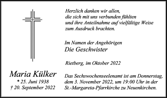 Traueranzeige von Maria Külker von Die Glocke