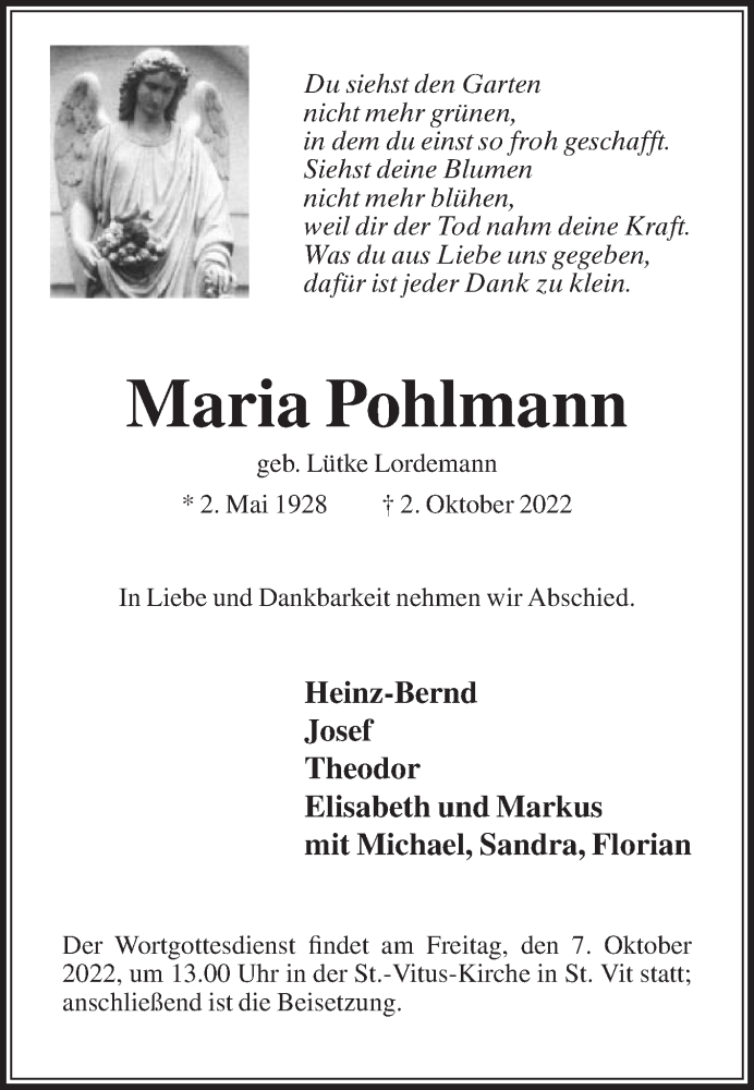  Traueranzeige für Maria Pohlmann vom 05.10.2022 aus Die Glocke