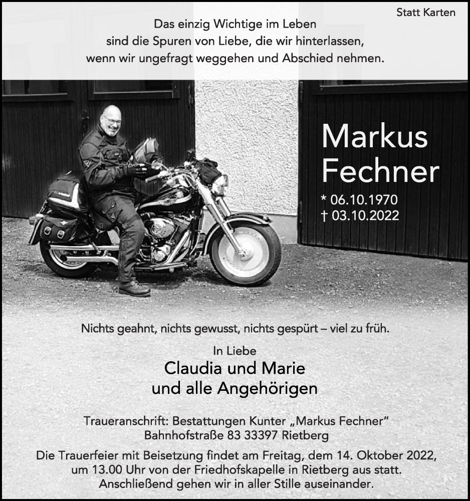  Traueranzeige für Markus Fechner vom 08.10.2022 aus Die Glocke