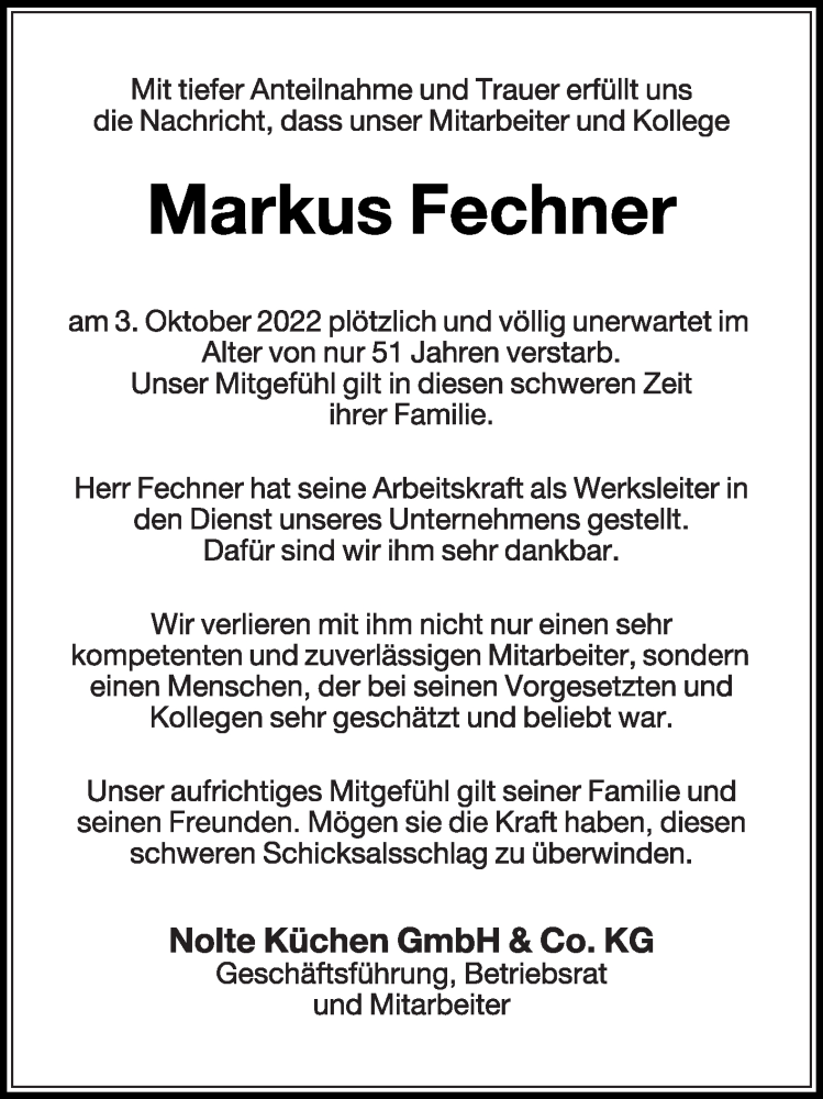  Traueranzeige für Markus Fechner vom 12.10.2022 aus Die Glocke