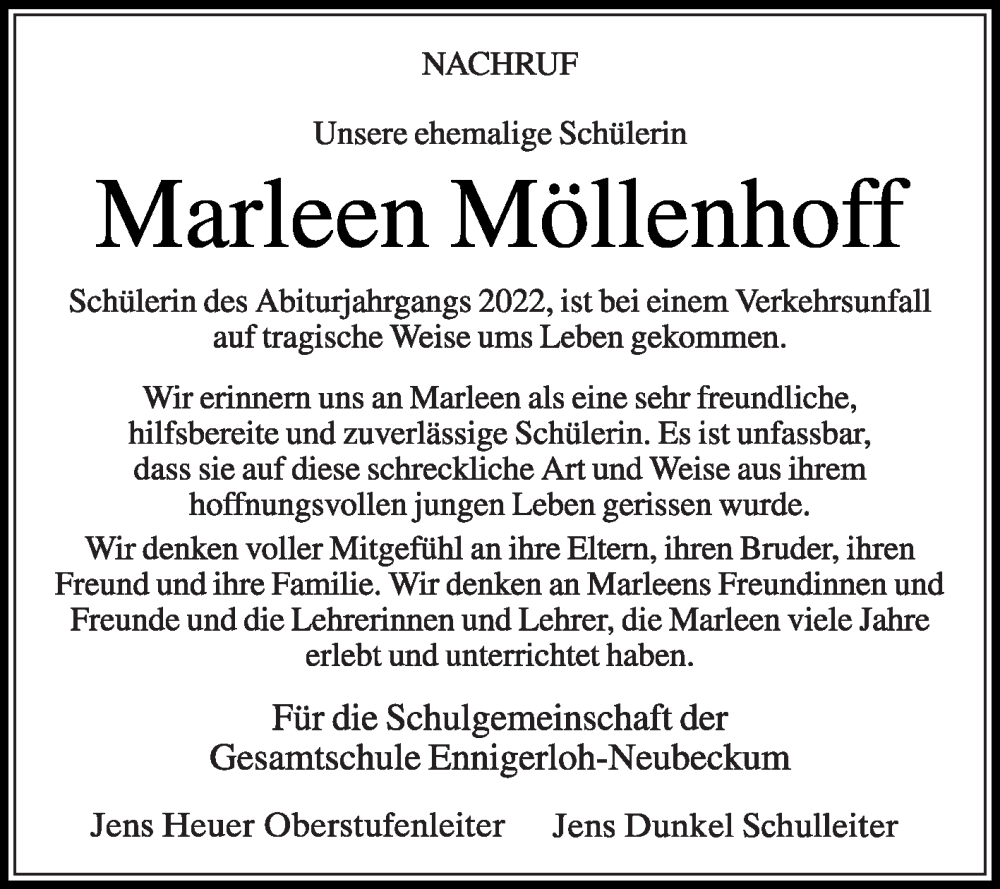  Traueranzeige für Marleen Möllenhoff vom 22.10.2022 aus Die Glocke