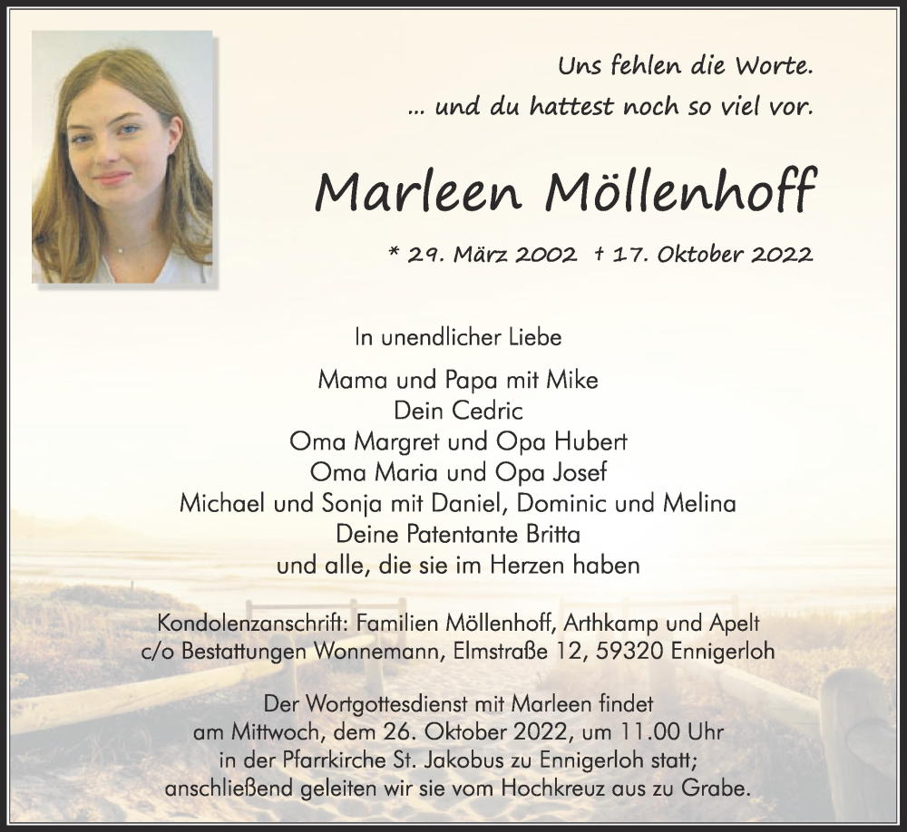  Traueranzeige für Marleen Möllenhoff vom 22.10.2022 aus Die Glocke