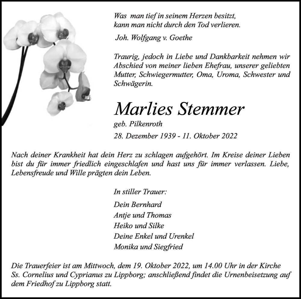  Traueranzeige für Marlies Stemmer vom 15.10.2022 aus Die Glocke