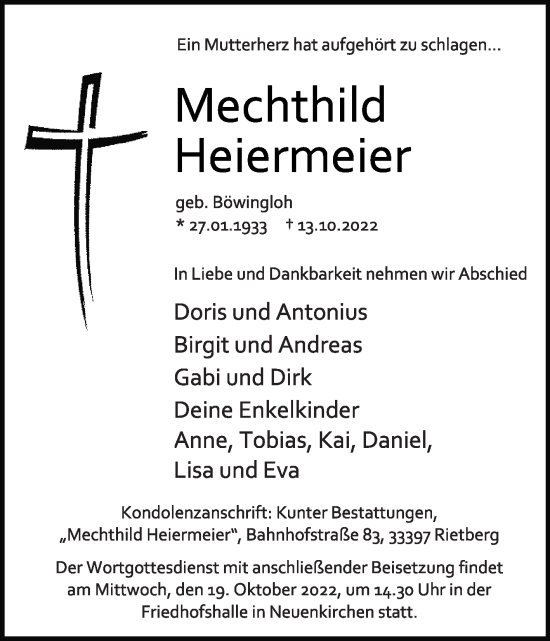 Traueranzeige von Mechthild Heiermeier von Die Glocke