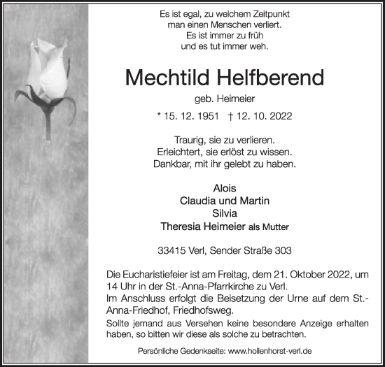 Traueranzeige von Mechthild Helfberend von Die Glocke