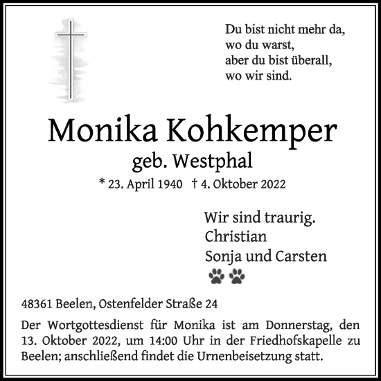 Traueranzeige von Monika Kohkemper von Die Glocke