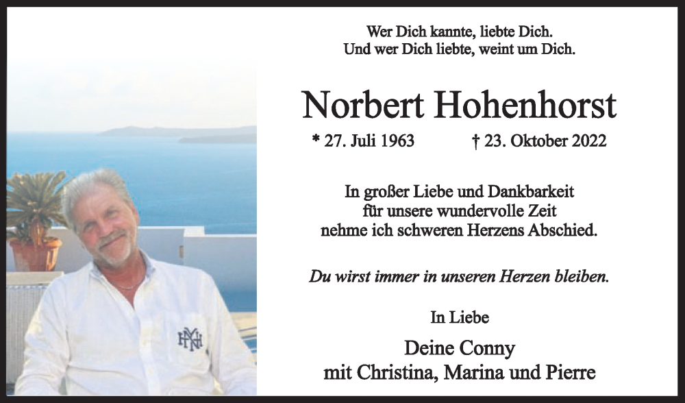  Traueranzeige für Norbert Hohenhorst vom 27.10.2022 aus Die Glocke