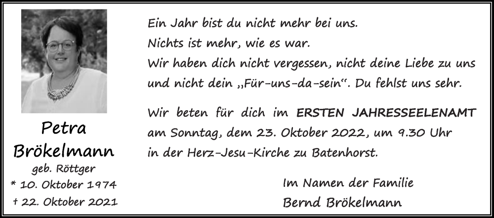  Traueranzeige für Petra Brökelmann vom 19.10.2022 aus Die Glocke