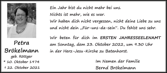 Traueranzeige von Petra Brökelmann von Die Glocke