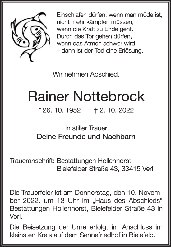 Traueranzeige von Rainer Nottebrock von Die Glocke