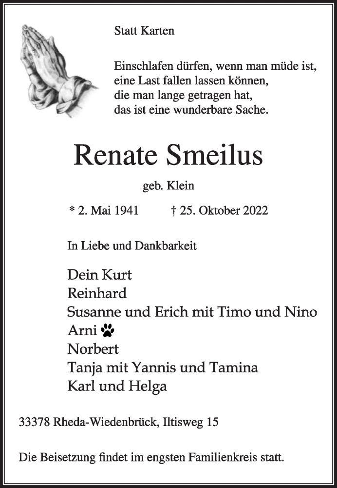  Traueranzeige für Renate Smeilus vom 29.10.2022 aus Die Glocke