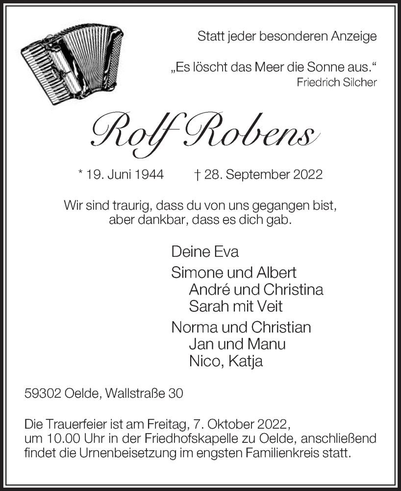  Traueranzeige für Rolf Robens vom 01.10.2022 aus Die Glocke