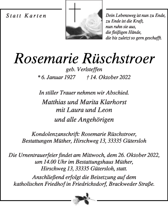 Traueranzeige von Rosemarie Rüschstroer von Die Glocke