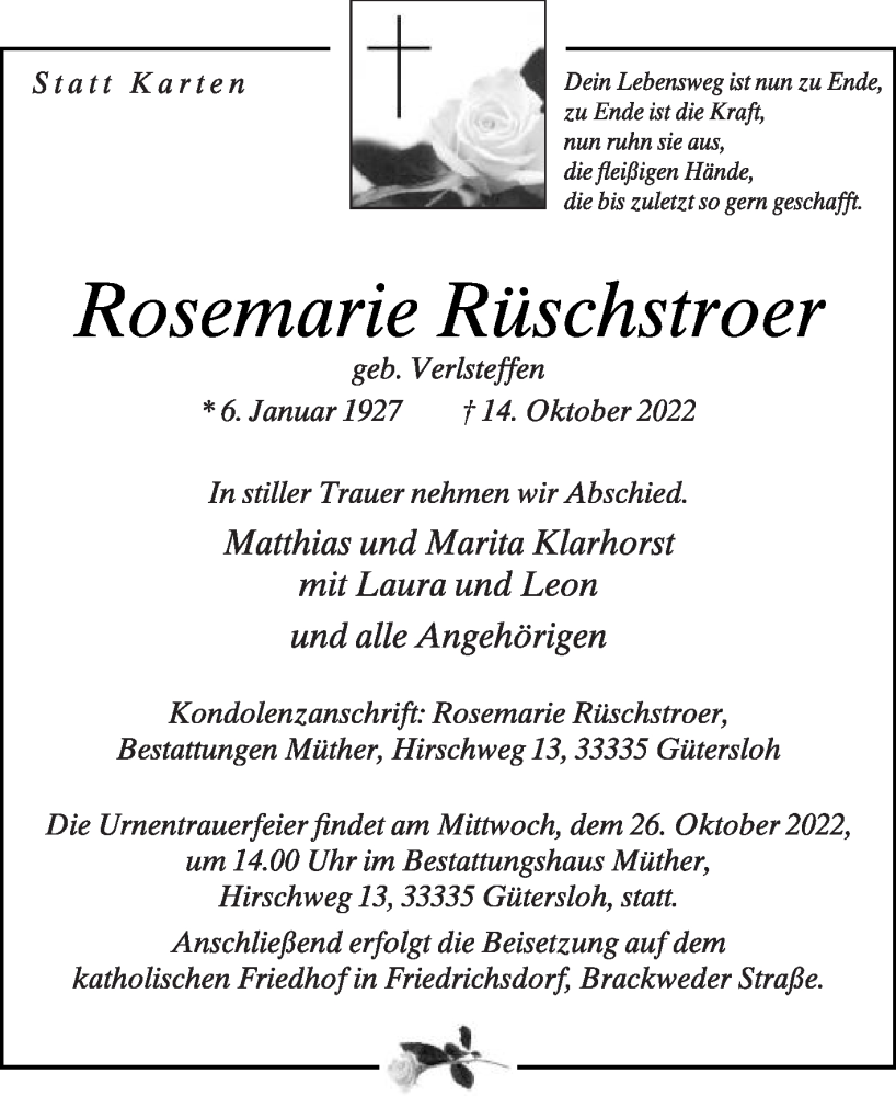  Traueranzeige für Rosemarie Rüschstroer vom 22.10.2022 aus Die Glocke