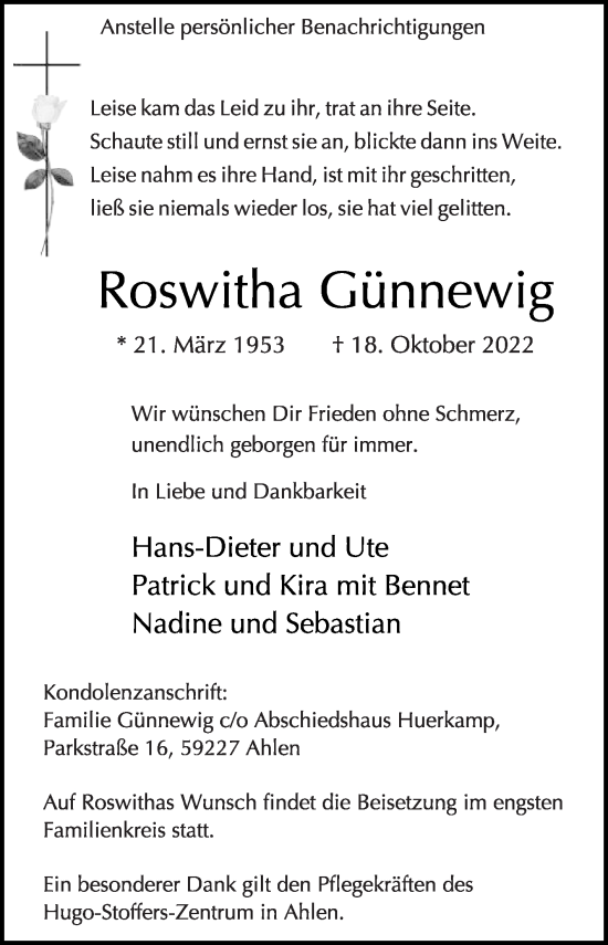 Traueranzeige von Roswitha Günnewig von Die Glocke