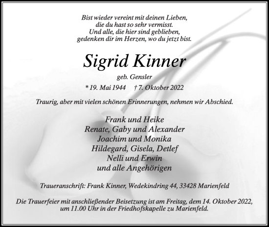 Traueranzeige von Sigrid Kinner von Die Glocke