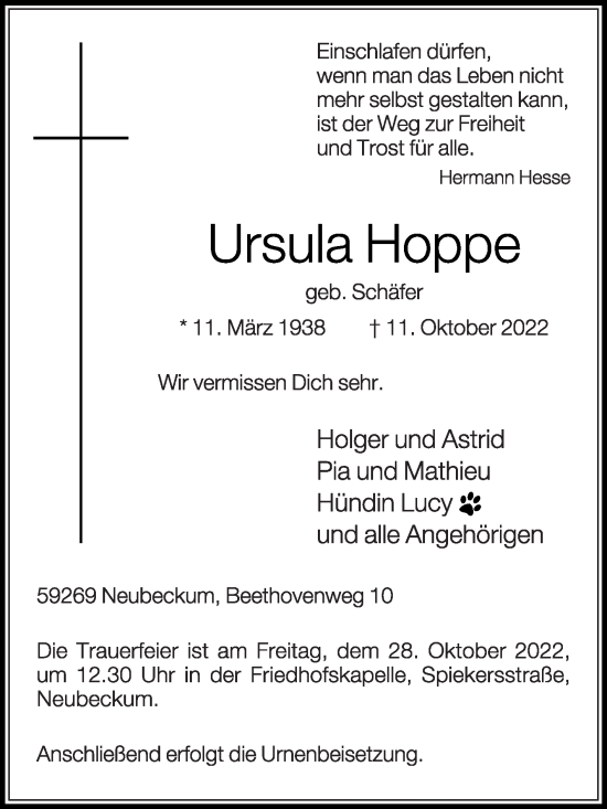 Traueranzeige von Ursula Hoppe von Die Glocke