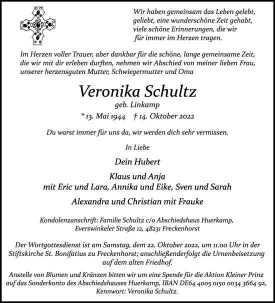 Traueranzeige von Veronika Schultz von Die Glocke