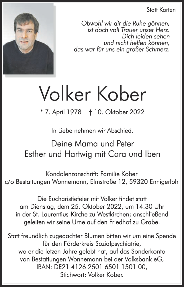  Traueranzeige für Volker Kober vom 19.10.2022 aus Die Glocke